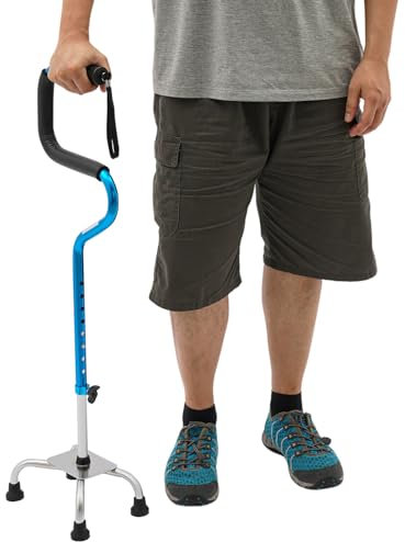 HOARLICN Gehhilfe für Senioren, Gehstock Herren Krücken Aufstehhilfe Senioren mit Einstellbare Höhe 78-95.9cm 1.2kg mit Spannbügel mit Vier Vergrößerte Füße fur Ältere Menschen, Behinderte (Blau)
