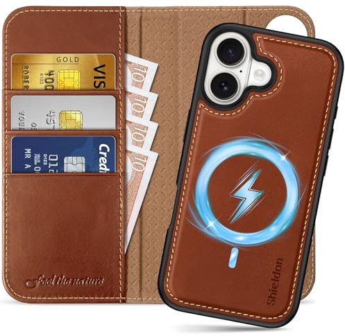 SHIELDON Detachable Genuine Leather Wallet Case for iPhone 17 6.3-inch | 2-in-1 | Wireless Charging | Magnetic Closure | RFID Blocking Credit Card Slot | Kickstand | Full Protection | Retro Brown