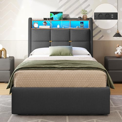 DICTAC Polsterbett 90x190 mit Bettkasten Stauraum,LED Beleuchtung und Steckdosenleiste Jugendbett Bettgestell 90x190 mit Lattenrost Bettrahmen Erwachsene mit Kopfteil und USB-Anschlüsse,Dunkelgrau