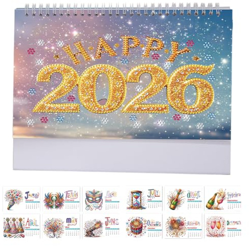 Calendrier de table 2026 en papier avec peinture diamant - Calendrier de table à rabat - Pour travaux manuels, bricolage, cadeau de fête, Noël (G)