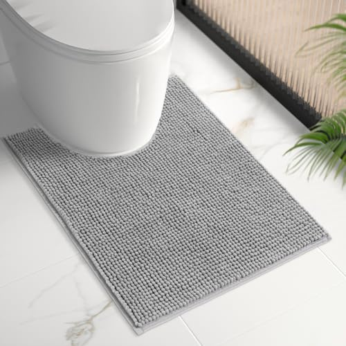 HITSLAM Chenille Badezimmerteppich, WC Ausschnitt, 60x50cm Hellgrau | Badematte rutschfest, Super Saugfähige Badematten & Badteppiche, Waschbar, Badezimmermatte für Dusche und Badewanne