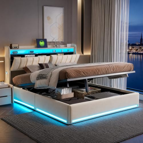 KSFASHZ Cama Tapizada 140x200 con Almacenaje, Camas Matrimoniales con Luces LED y Enchufe USB, Cama Canape 140x200 con CabeceroCama Acolchada con CanapeCama Doble Matrimonio Moderna, Sin colchón