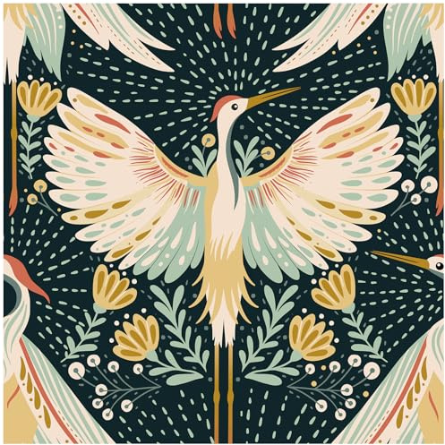 HAOKHOME Crane Wallpaper Peel and Stick Boho Floral Bird Dots Wall Paper Japanese Chinoiserie Dark Green/Beige/Yellow Accent Wall Decor 17.3in x 9.8ft