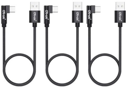 OTraki 3 Pezzi Cavo USB Type-C 90 Gradi 0.2m, Cavo USB A a USB C 3A Ricarica Rapida, Trasferimento Dati Cavo Tipo C Nylon Intrecciato con iPhone 17/16/15 Pro Max, Galaxy S24/S23/S22, P30 Lite