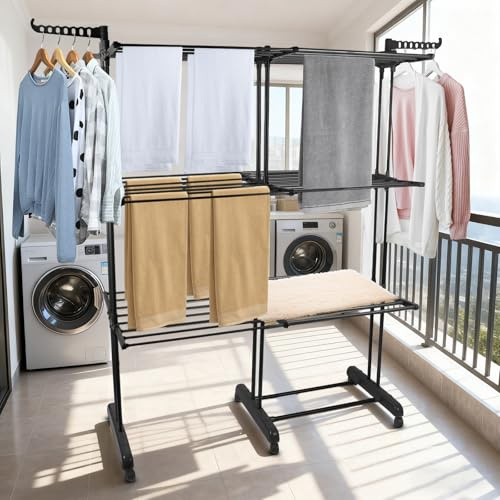 Étendoir Linge Intérieur - Grande Capacité Tour de Séchage Pliable, Pieds Rabattables- Séchoir à Linge Extensible en Acier Inoxydable - Format Familial,49 x (75-132) x 170 cm (Noir + Tuyau noir)