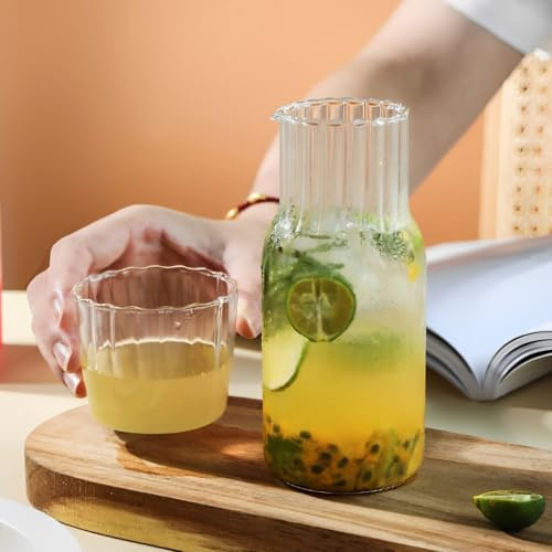 2pcs Bedside Water Carafe and Glass Set,Clear Water Pitcher and Cup Night Set,600ML Heat Resistant Glass Carafe Mouthwash Bottle (Stripe)
