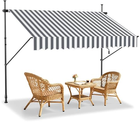 FIVMEN Klemmmarkise 350 cm Breit Balkon Markise Ohne Bohren Balkonmarkise mit Handkurbel Höhenverstellbar Sonnenschutz Wetterfest, 350x120 cm Grau Streifen