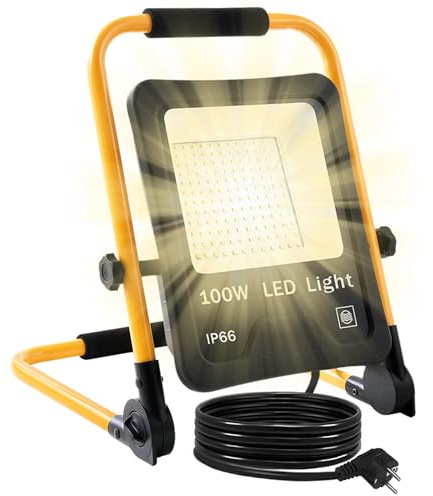 YZNAHRE LED Baustrahler 100W, Warmweiß, Arbeitsleuchte mit Standgestell, 3 m Kabel & Stecker, IP66 wasserdichte Baulampe für Baustelle
