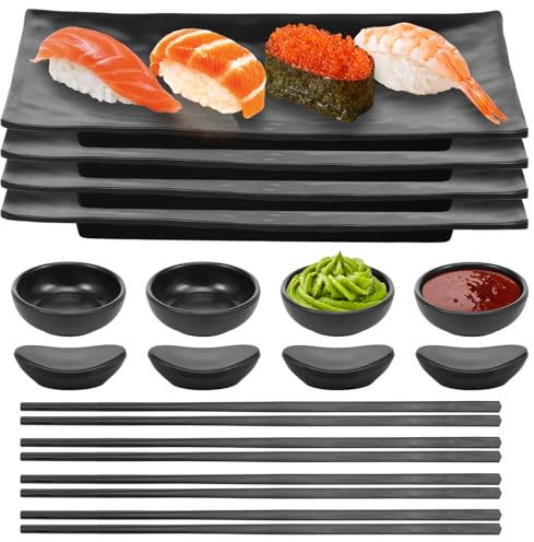 Sutowe Juego de 16 platos para sushi japonés, plato para servir sushi, vajilla negra con 4 bandejas, 4 cuencos para salsa de soja, 4 pares de palillos + soporte, regalo de boda y inauguración de la