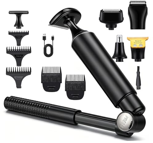 Back Shavers for Men, 5 in 1 Mens Electric Back Razor, IPX6 Waterproof Cordless Body Hair Trimmer 2 Speeds with Foldable Extendable Long Handle, 5 Heads, 3 Positioner, for Facial, Back, Nose