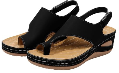 Tåögla sandaler för kvinnor Storbritannien - svarta låga kilsandaler kvinnor storlek 6,5 öppen tå andas ortopedisk sandal bekväm med fotvalvstöd promenadskor justerbart fästspänne sling rygg sandal