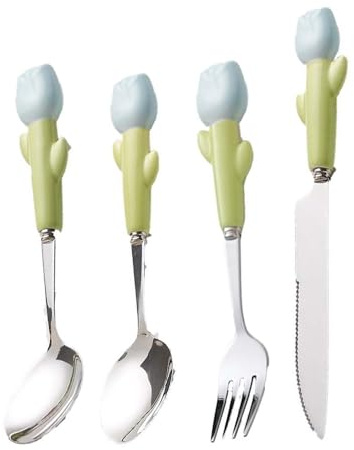 Set di Posate in Ceramica Semplice, Acciaio Inossidabile, Coltello, forchetta, Cucchiaio, Coltello da Bistecca, Posate da Cucina, Posate, cucchiaino (Blu, 4 Pezzi)