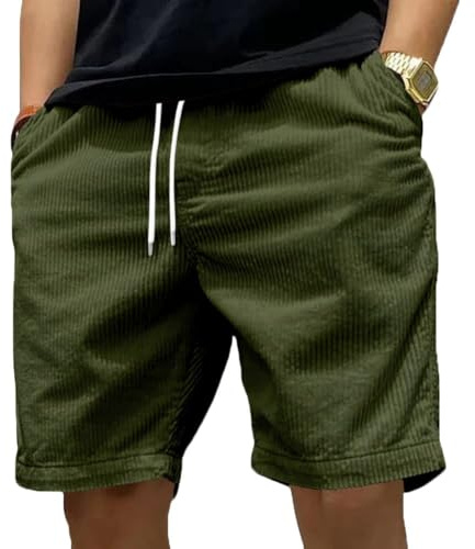 DAIHAN Kortbyxor för män, sommar, shorts, fritid, Corduroy, korta byxor, ledig, elastisk midja, dragsko, stretch, fritidsshorts med fickor, Olivgrön, XXL