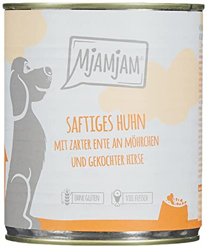 MjAMjAM - Premium Nassfutter für Hunde - saftiges Huhn mit zarter Ente an Möhrchen und gekochter Hirse, 6er Pack (6 x 800 g), naturbelassen mit extra viel Fleisch