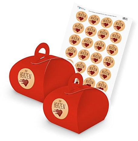 itenga SET von HERZEN (Motiv 14) 24x Geschenkschachtel mit Griff rot + Stickerbogen