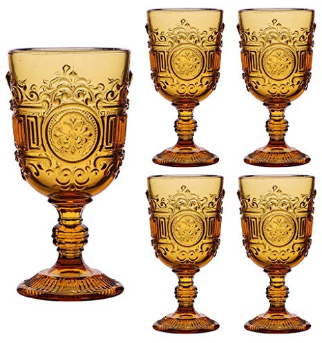 Dibor Wine Glasses Set of 4 Orange Embossed 300ml Drinking Goblets