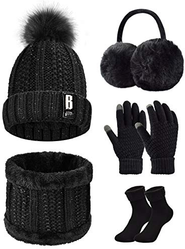 UMIPUBO Set de Invierno 5 Piezas: Gorro, Bufanda, Guantes, Orejeros y Medias para Excursión y Esquí de Mujeres (Negro, Talla Única)