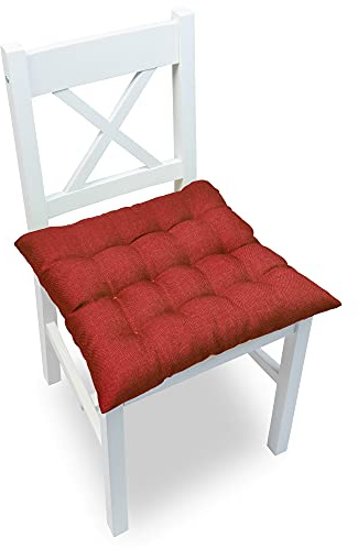 chilly pilley® 4er Set Stuhlkissen mit Bindungen – Gepolsterte, Gesteppte Sitzkissen aus Leinenoptik-Stoff, Bequeme Stuhlauflagen für Küche, Esszimmer & Garten (Dunkelrot)