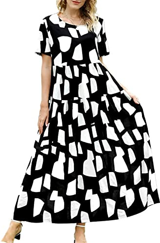YESNO Women Short Sleeve Boho Summer Maxi Dress with Pockets XL EJFUK CR162