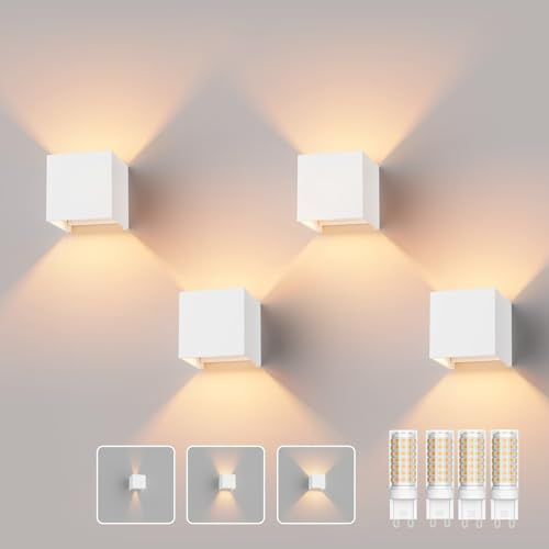 Klighten 4 Pack Aussenlampe mit Austauschbarer G9 LED Lampe Warmweiß 3000K, Aluminium LED Wandlampe Innen/Aussen Einstellbar Abstrahlwinkel Außenwandleuchten für Wohnzimmer Garten, Weiß