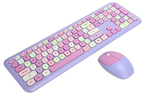 ciciglow Kabellose Tastatur und Maus-Kombination, Bunte Schreibmaschinentastatur mit Runder Taste und Nummernblock, 2,4 G USB Kawaii-Tastatur, Kompatibel mit Laptop/Computer(Violett)