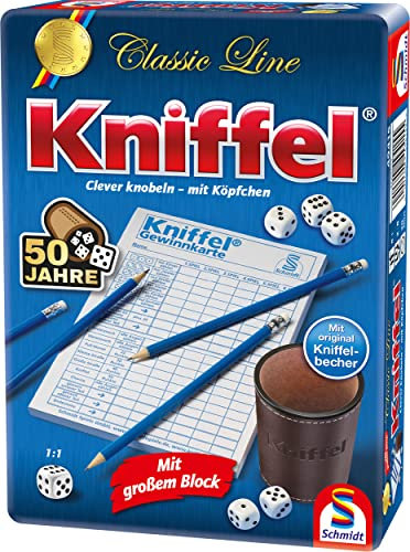 Schmidt Spiele 49415 Kniffel in der Classic Line, 50 Jahre Sonderedition in der Metalldose, Bunt[Exklusiv bei Amazon]