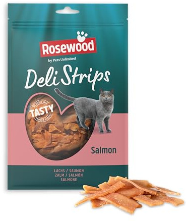 Rosewood Deli Strips Lachs – Weicher und zarter Katzensnack mit Lachs, fettarme Leckerlis für Katzen, ohne Zusatz von Salz oder Zucker, ohne künstliche Zusatzstoffe, 40 g