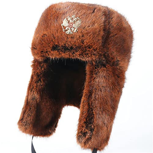 Ciamlir Russische Mütze Wintermütze Sowjetarmee Militärabzeichen Russland Uschanka Bomberhüte Pilot Trapper Warme Flauschige Mütze Ohrenklappen Schneekappen,Braun2,56-60Cm