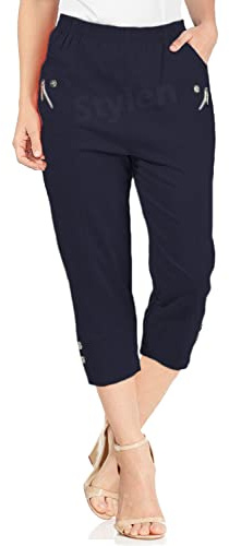 URBAN STITCH Womens Cropped Trousers Ladies Capri Pants Three Quarter Soft Women Stretch Pull on Trousers Elasticated Waist Plus Size Summer Shorts (18, Navy Blue)