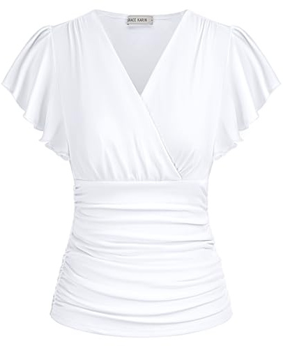 Grace Karin Top da Donna Elegante Camicetta Avvolgente con Scollo a V, Lanterna a Maniche Lunghe, Slim Fit Increspato Top, 977 Bianco, M