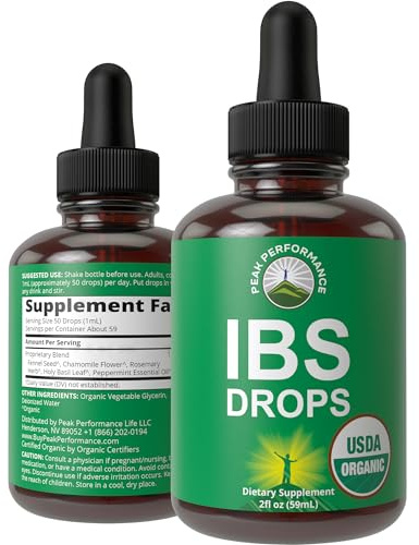 USDA Organic IBS Relief 5-in-1 Liquid Drops - for Ingestion, Bloating, Gas - Irritable Bowel Supplement with 5 Ingredients - Peppermint Oil, Fennel Seed, Chamomile Flower, Rosemary, Holy Basil