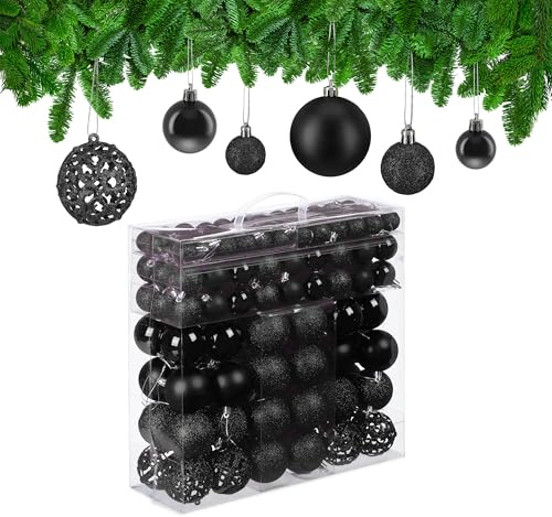 Relaxdays Weihnachtskugeln 150er Set, glitzernde, Matte & glänzende Christbaumkugeln, Kunststoff, ∅ 3, 4 & 6 cm, schwarz | matte & glänzende Christbaumkugeln, Kunststoff, ∅ 3, 4 & 6 cm