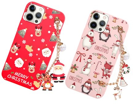 Vauki Weihnachten Hülle für iPhone 12 Pro Max mit Handykette 2 Stück,Rot Weich Silikon Stoßfest Ultra Dünn Case mit Band und Muster Süß,Christmas Geschenke für Frauen Schutzhülle,Hirsch Weihnachtsmann