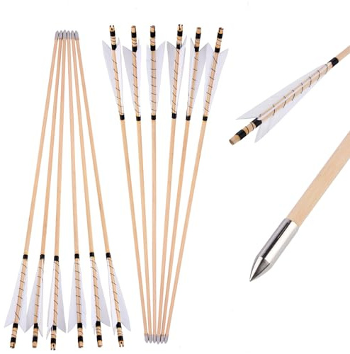 12 Pezzi Frecce di Legno 32 Frecce di Legno per la Caccia al Bersaglio con Piuma di Tacchino per Arco Tradizionale Arco ricurvo Arco Lungo (Bianco)