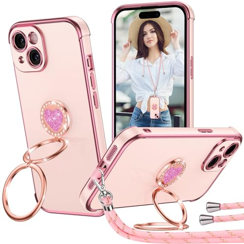 Aekyiwot für iPhone 15 Hülle mit Band, Handyhülle iPhone 15 Herz Doppelring Ständer 360°, Galvanisierte Weich TPU Case Dünn Silikon Stoßfeste Schutzhülle für iPhone 15 Hülle 6.1- Rosa