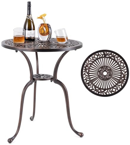 KOMFOTTEU Bistrotisch rund mit Schirmloch, Gartentisch aus Aluminiumguss, Terrassentisch mit verstellbaren Beinen, Belastung 50 kg, Balkontisch für Hinterhof, Garten, φ61 x 71 cm
