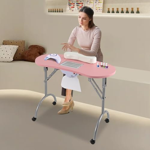 Maniküre Tisch mit Saug,Faltbarer Nageltisch mit Rollen Tragbarer Maniküre Tisch für Haushalte, Nagelstudios, Schönheitssalons, Büros, persönliche Studios 90*40*72.5cm (Rosa)
