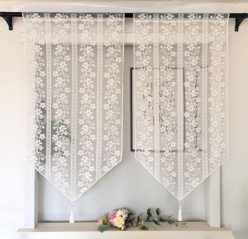 Vordesack Jacquard Panneaux mit Quaste Spitzenvorhang 2er Set HxB 120x60cm | Scheibengardine mit Stickerei Floral-Motiv Bistro Fensterbehang für Glastüren Küche & Bad Landhausstil Gardine mit Tunnelzug