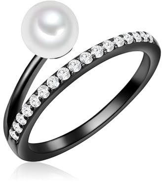 Valero Pearls Damen Ring aus 925/- Sterling Silber Schwarz rhodiniert mit Süßwasser-Zuchtperle weiß 6,0-7,0 mm/Zirkonia
