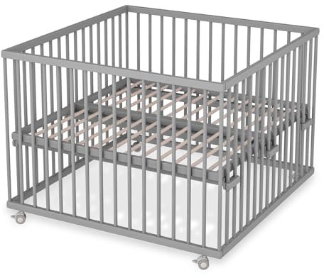 Sämann Laufstall Baby mit Lattenrost | stufenlos höhenverstellbar | Laufgitter Premium | Babybett aus Holz | Krabbelgitter (grau, 120x120 cm)