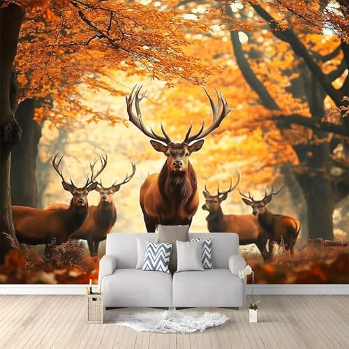 Générique Papier Peint Panoramique 3D Cerf Animal De La Forêt D'Automne 400x280 cm Papier Peint Photo Mural Intissé, Poster Tapisserie Mural Personnalisé 3D Pour Salon Chambre Décoration Murale
