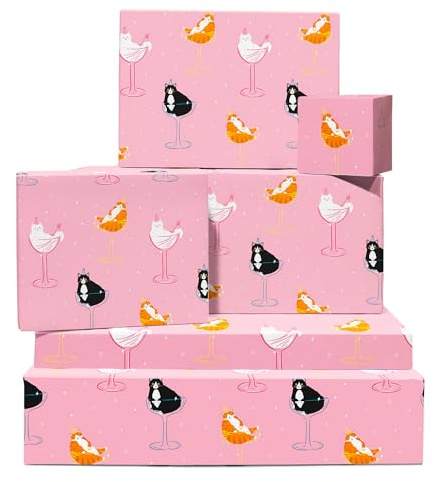 Födelsedag katt presentpapper - 6 ark roligt rosa omslagspapper - katter i cocktails - levereras med klistermärken - återvinningsbar - av Central 23