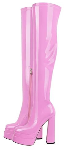 blingqueen Damen Plateau Stiefel Overknee Stretch Boots mit Blockabsatz Seitlicher Reißverschluss Lack Rosa 40 EU