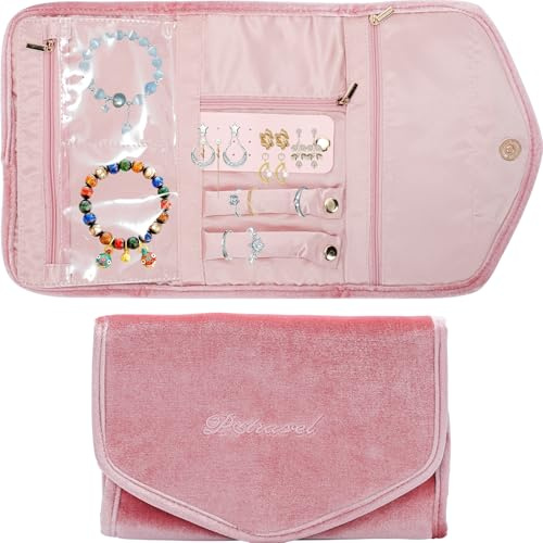Lancry Travel Jewellery Organiser,Foldable Velvet Jewellery Pouch Bag Jewelry Storage Roll for Journey-Rings, Necklaces, Bracelets, Earrings for Women Girls (Pink)