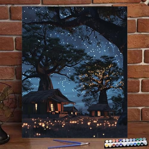Pintar Numeros Adultos áRbol, Cuadros para Pintar por Numeros DIY para Principiantes Adultos Cielo Estrellado, Pintar con Numeros con Pinceles Accesorios Pintura Acrílica, 60X80 CM (con Bastidor) J-M