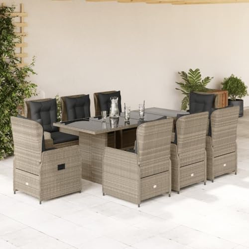 IKAYAA Gartenmöbel Set 8 Verstellbare Hochlehner Stühlen mit Tisch Garten sitzgruppe 8 Personen Gartenmöbel Set Rattan 8 Personen Rattan sitzgruppe-Hellgrau-9-tlg