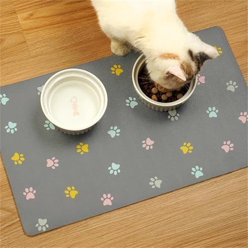 Mateju Napfunterlage Hund Katzen, Multicolour Footprints Futtermatte Hunde rutschfest Saugfähig Schnelltrocknend Futtermatte Matte, Napfunterlage Katze Hundenapf Unterlage (Grau,60x90cm)