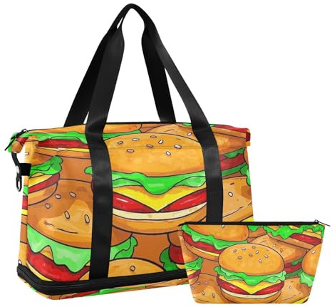 Grand sac fourre-tout de voyage jaune mignon de dessin animé avec trousse de toilette pour salle de sport, Mignon hamburger alimentaire de dessin animé jaune, 1 size