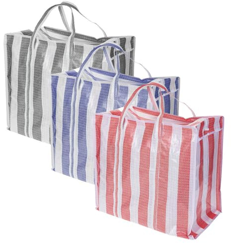 Murago - 3er Set Jumbo Tasche Einkaufstasche - Umzug Tasche ca. 80L Groß Aufbewahrungstasche faltbar mit Reißverschluss für Bettzeug Kleidung Kleideraufbewahrung Griffen Rot Blau Schwarz Organizer