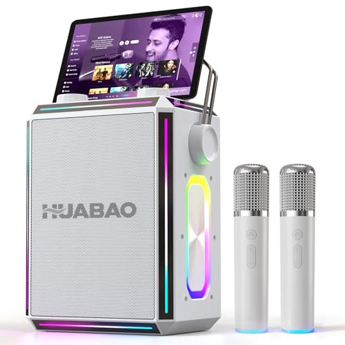 HUABAO Tragbarer Bluetooth-Karaoke-Lautsprecher mit 2 kabellosen Mikrofonen, RGB-Beleuchtung, Höhen- und Bassregelung, Stimmeffekten, AUX/USB/TF/OTG/6,5-mm-Eingang, Party-Lautsprecher (weiß)
